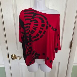 Clara Sunwoo Red Black Abstract Graphic Print Boat Neck Tunic Top Small USA Made